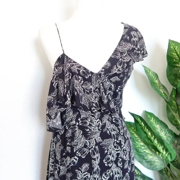 Amuse Society Black & White Floral Asymmetric Cold Shoulder Maxi Dress Large L - Picture 10 of 14